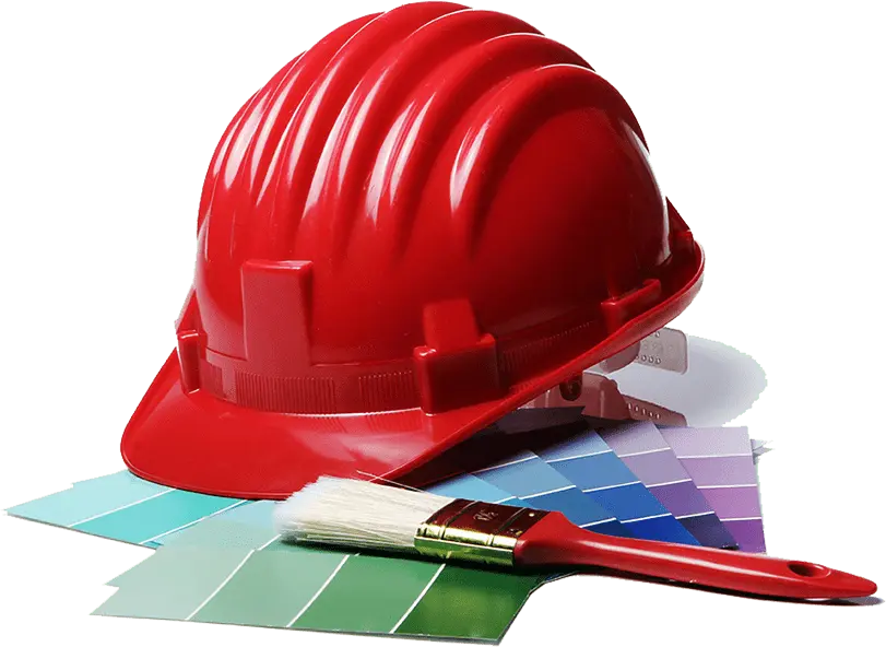 Red hard hat with paint swatches and brush, representing Savannah's professional painting services.